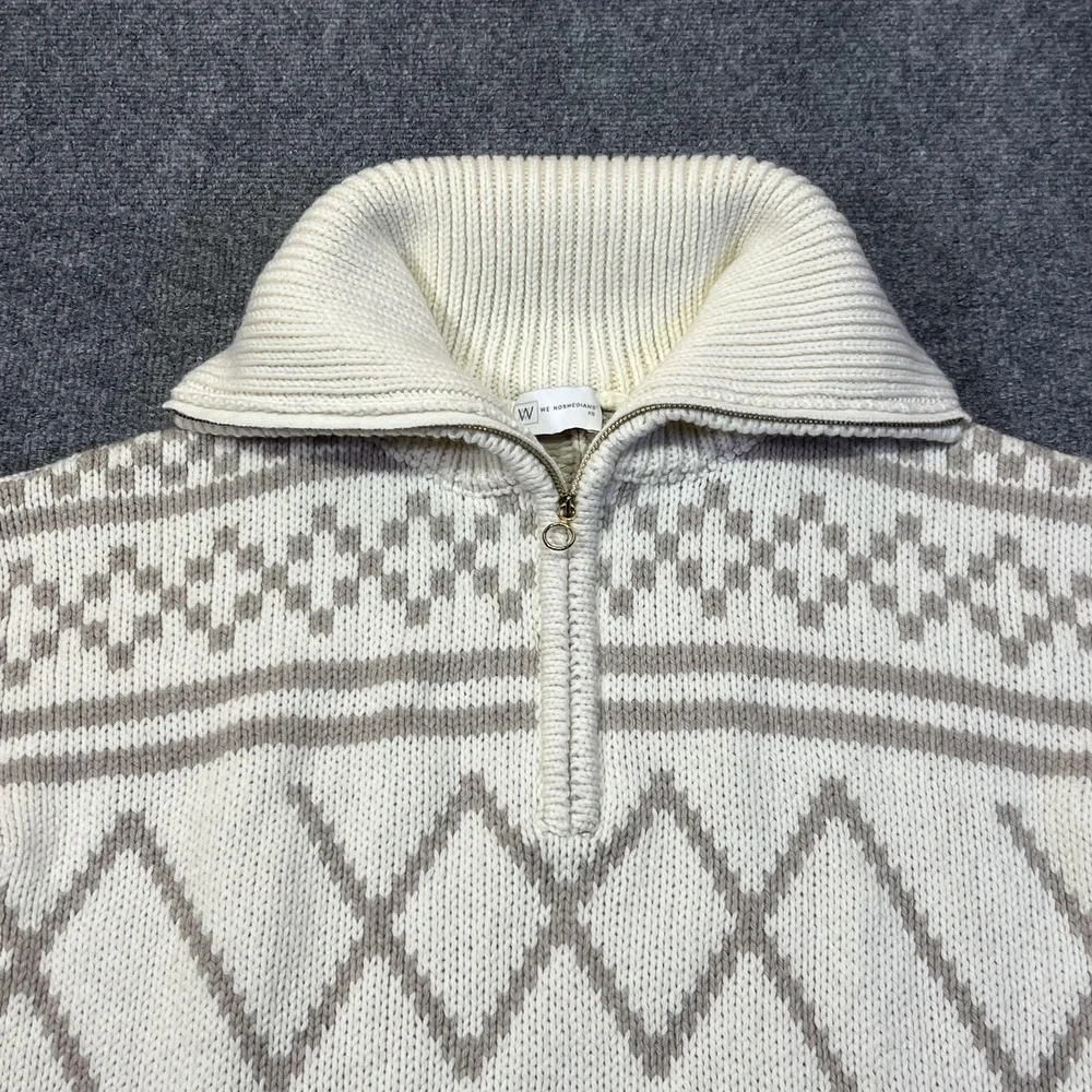 We Norwegians Sweater Womens XS White Merino Wool Cashmere 1/4 Zip Fair Isle Ski